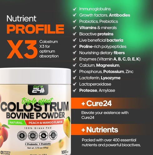 X3 100% Bovine Colostrum Supplement Powder for Humans, Pure Whole Natural Grass Fed Superfood, High IgG, Plus Probiotic