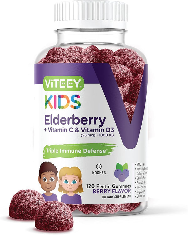 Sambucus Elderberry Gummies for Kids, 3-1 Immune Support - Vitamin D3 & C, Vegetarian, Gelatin Free, Gluten Free, GMO