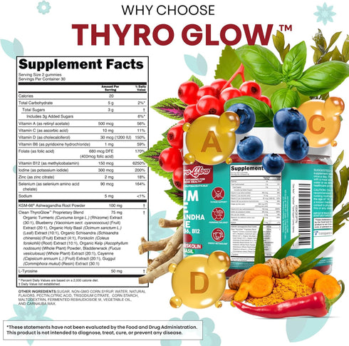 Gummies 66 B12, B6 ThyroGlow Thyroid Support Selenium Iodine KSM Ashwagandha L Tyrosine Vitamin D, C, Turmeric