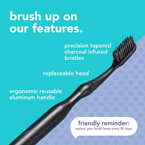 hello Manual Adult Toothbrush With Reusable Charcoal Aluminum Handle & 4 Soft Replacement Heads, 4 Count