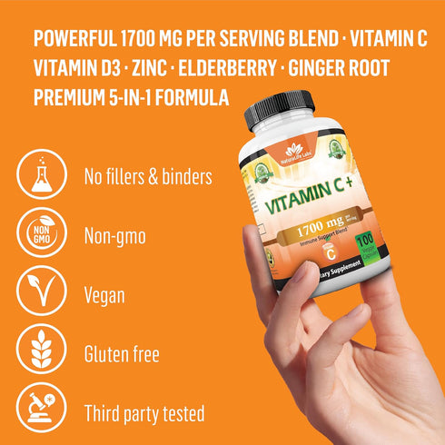 NaturaLife Labs A Higher Standard Vitamin C 1,700 MG with Vitamin D3, Zinc, Elderberry, Ginger Root - 100 Veggie