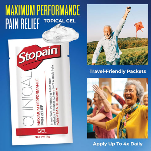 Stopain Pain Relief Clinical Gel Packets, 50 Pack, USA Made, Max Strength with MSM, Glucosamine, Menthol