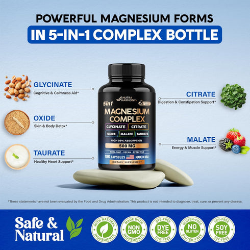 Magnesium Supplement 5 in 1 Complex 500 mg, Vegan, Natural, Non-GMO, 180 Capsules, Stress & Muscle Support