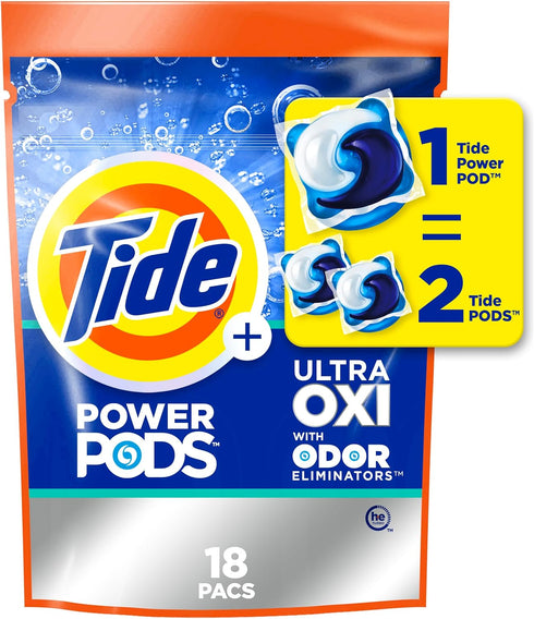 Tide Ultra OXI Power PODS, 18 Count, Laundry Detergent Pacs with Odor Eliminators for Dirt