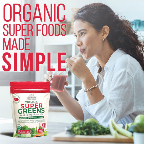 COUNTRY FARMS Super Greens Berry Flavor, 50 Organic Super Foods Drink Mix, 30 Servings