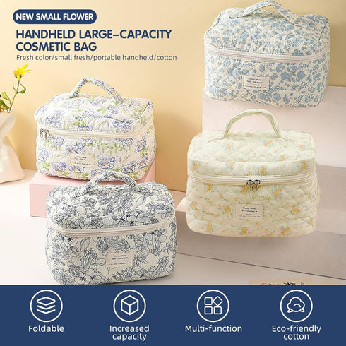 Quilted Floral Makeup Bag 3PCS | Cute Cotton Travel Toiletry Bag, Large Capacity for Daily Use