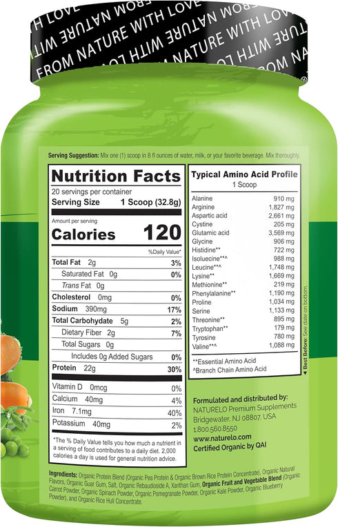 NATURELO Plant Protein Powder, Vanilla, 22g Protein - Non-GMO, Vegan, Gluten, Dairy & Soy Free - 20 Servings