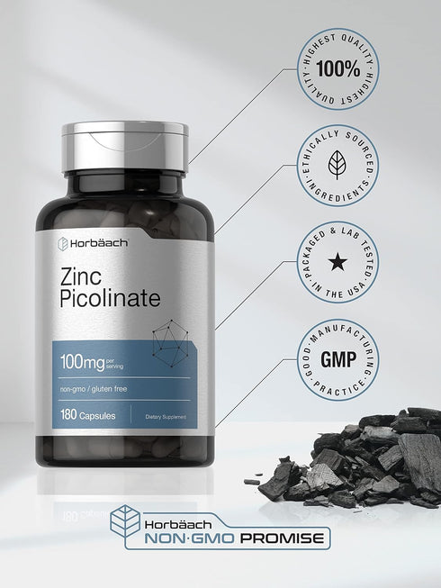 Horbaach Zinc Picolinate | 100mg | 180 Capsules - High Potency, Non-GMO, Gluten Free
