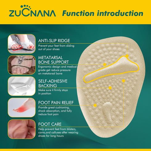 Ball of Foot Cushions (Beige) | Metatarsal Pads for Women, 6 Pairs Reusable Shoe Inserts for Pain Relief