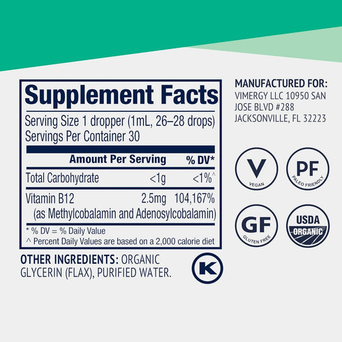 Vimergy Liquid B12 – Fast-Absorbing Energy Support Supplement – USDA Certified Organic, Vegan, Non-GMO - 30 Servings
