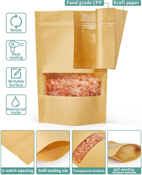 FireKylin 100 Pcs Kraft Paper Bags with Window, 6.3" x 8.6" Zip Lock Food Storage Bags for Packaging Products