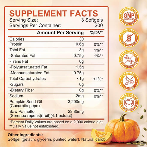 Palmetto,3200mg/Serving,Cold-Pressed Immune,Bladder (600 SCOLA Pumpkin Seed Oil with Saw with Essential Fatty Acids