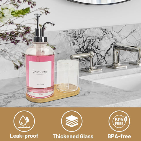 Ezebesta 17OZ Mouthwash Clear Glass Pump Dispenser with Disposable Cups Holder, Refillable Container