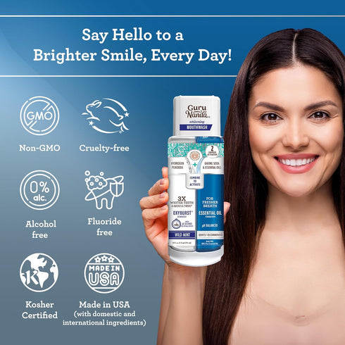 GuruNanda Dual Barrel Oxyburst Whitening Mouthwash: 20 Fl Oz, Alcohol & Fluoride Free, Wild Mint Flavor, Natural Oils