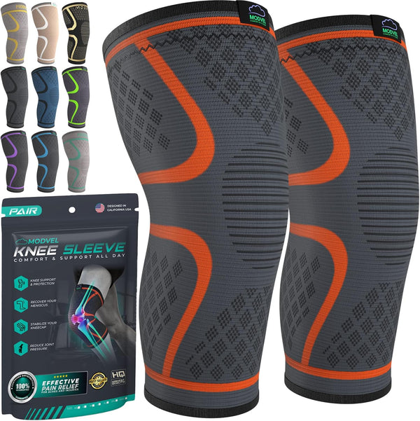 Modvel Compression Knee Brace for Women & Men, 2 Pack Knee Support Sleeves for Running, Pain Relief for ACL & Arthritis