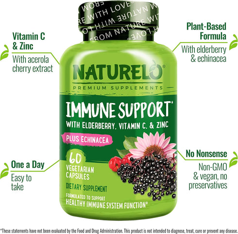 Immune Immunity 60 NATURELO Support Vitamin C, Elderberry, Zinc, Echinacea Natural Boost w/Antioxidant, Herbal