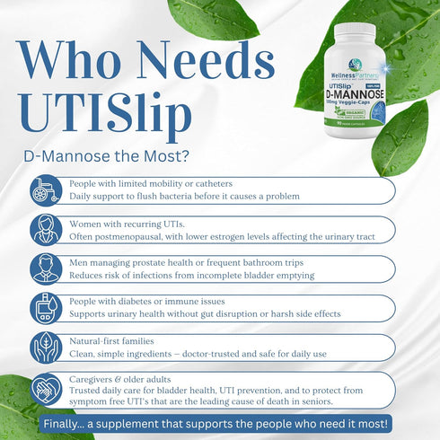 UTI Slip D-Mannose Non-GMO Organic Source Veggie Capsules, 90 Count (500 Mg)