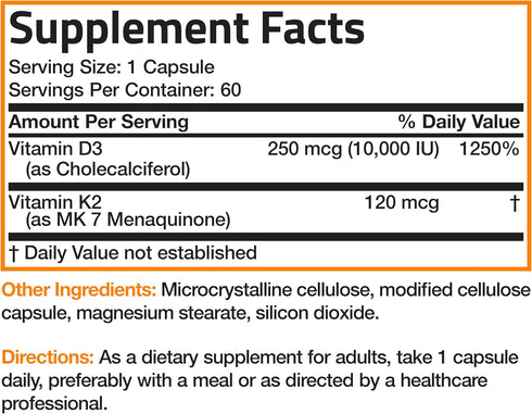 K2 (MK7) D3 10,000 120 MK-7 60 Bronson Vitamin with Extra Strength Supplement Bone Health Non-GMO Formula IU & mcg Easy