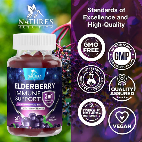 Sambucus Elderberry Immune Support Gummies - Elderberry Extract Gummy with Vitamins C, D3, Zinc, 60 Gummies