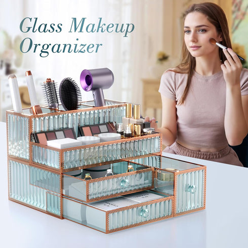 Makeup Organizer Cosmetic Organizer, Tempered Glass Vanity Organizer for Cosmetics, Hair Tools, Brushes, Perfume