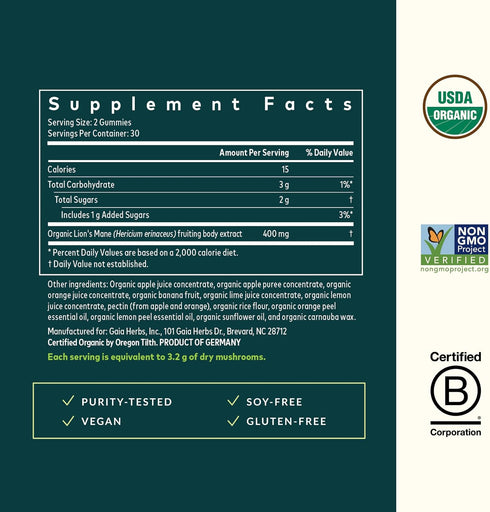 Gummies 60 Gummies (30 Gaia Herbs Lion's Mane Mushroom - Brain Support Supplement* - Made with Organic Lion's Mane