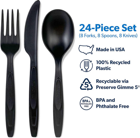 Preserve Recycled Plastic Cutlery - 24 Count (8 Forks, 8 Knives, 8 Spoons) - Made in USA, Black