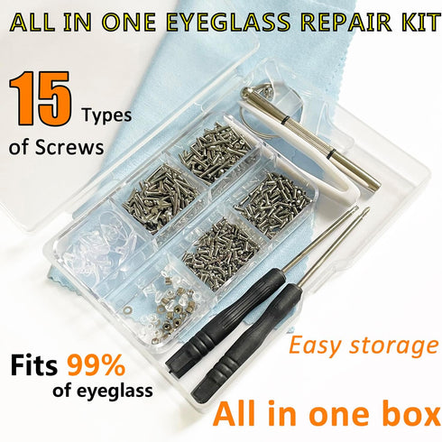 PTSLKHN Eyeglass Repair Kit with Screws, 15 Types Screws for Eyeglasses - Frame Screws, Hinge Screws, Nose Pads Screws - Essential Eye Glasses Repairing Kit Tool