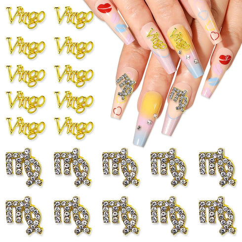 JERCLITY 20pcs Gold Alloy Virgo Zodiac Nail Charms, 10pcs Symbols and 10pcs Constellation Words