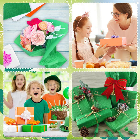 PLULON 60 Sheets Tissue Paper in Orange, Green, White for Gift Bags, St Patrick's Day, Birthday, Wedding, Holiday