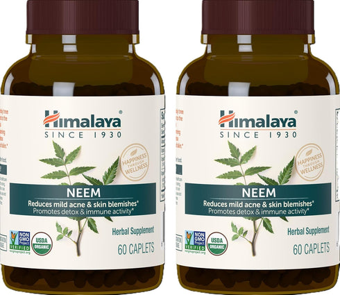 Himalaya Organic Neem Herbal Supplement - 600mg, 60 Plant Based Caplets, Mild Acne & Clear Skin, 2 Pack