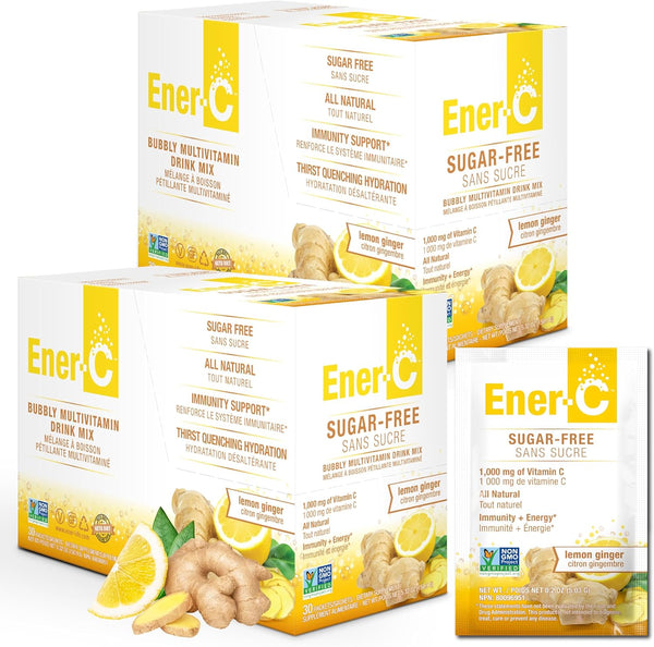 Ener-C Sugar Free Energy Lemon Ginger Multivitamin Drink Mix, 60 Count, Natural Immunity Support