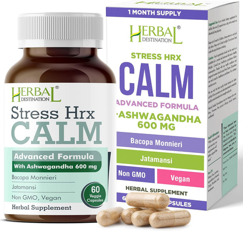 Herbal Destination Stress Hrx, Ashwagandha Supplement Capsule, Stress Relief - 60 Count