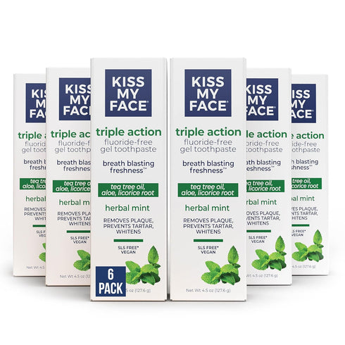 Kiss My Face Triple Action Toothpaste Gel - Herbal Mint Flavor, 4.5 oz, 6 Pack, Fluoride Free & Vegan