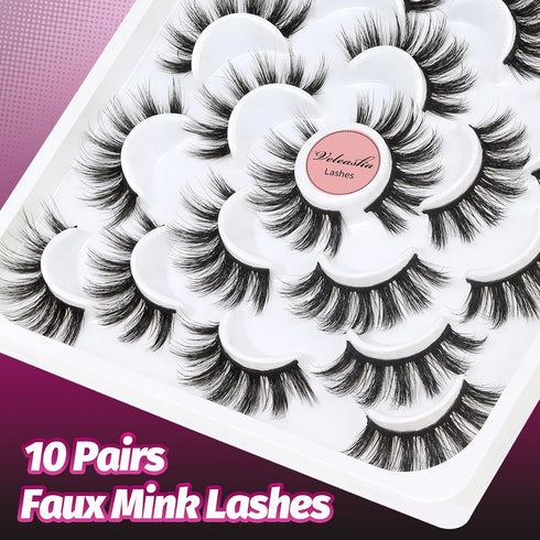 Veleasha 10 Pairs Natural Fluffy False Eyelashes - Soft Wispy 3D Faux Mink Lashes Pack (V07)