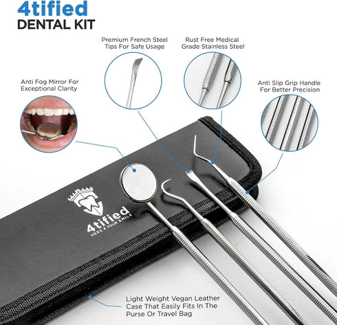 4tified Dental Tools Hygiene Kit, 4 PCS French Stainless Steel Professional Teeth Cleaning Home Use