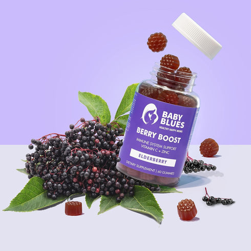 Baby Blues Berry Boost Elderberry Gummies for Moms - Immune Support with Zinc & Vitamin C Non-GMO Vegan and Gluten Free (60 Pieces)