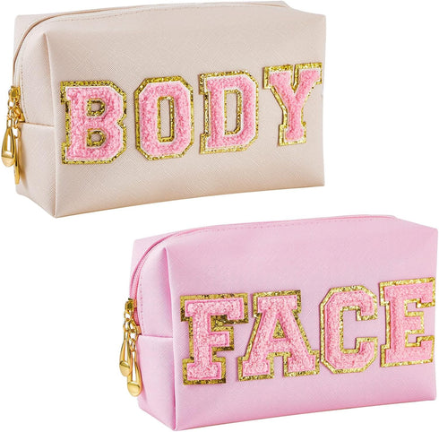 Patelai 2 Pcs Preppy Makeup Bags, Chenille Letter Patch Bag Face Skin Hair Stuff Aesthetic Travel Organizer
