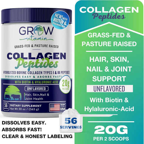 Collagen Peptides Powder 20g with Hyaluronic Acid & Biotin, Unflavored Grass Fed Collagen Powder for Hair, Nail, Skin &