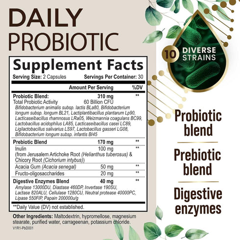 Daily Probiotics and Prebiotics 60 Billion CFU - 10 Diverse Strains for Digestion, Vaginal & Immune Health Support - Digestive Support for Men and Women, Dairy, Soy and Gluten Free - 60 Capsules