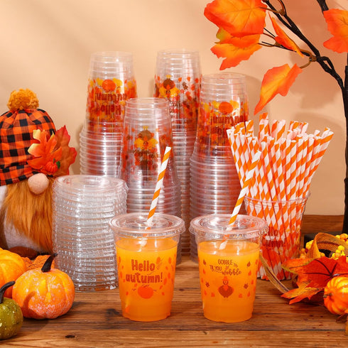 Yaomiao 300 12 oz Set Pcs Thanksgiving Day Plastic Cups with Lids and Straw Fall Plastic Party Cups Thanksgiving