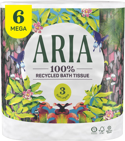 Aria 100% Recycled Toilet Paper, 1 Pack of 6 Rolls, 3 Soft Layers with Recyclable Paper Packaging