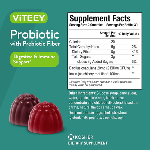 Probiotic Gummies with Prebiotics Fiber - Extra Strength 2 Billion CFUs - Vegan, Gelatin Free, Tasty Chewable Berry