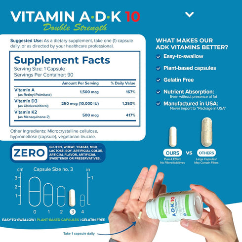 Power By Naturals ADK Vitamin Supplement: High Potency Vitamin A, D3 & K2, 10000 IU for Heart, Immune & Strength, 90