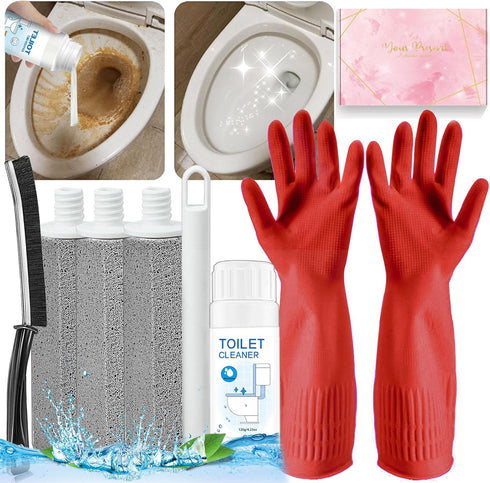 7Pcs Upgrade Pumice Stone Toilet Bowl Cleaning Brush Set with Long Gloves, Crevice Brush for Hard Water Stain Cleaning