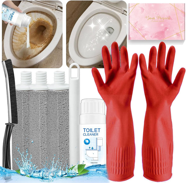 7Pcs Upgrade Pumice Stone Toilet Bowl Cleaning Brush Set with Long Gloves, Crevice Brush for Hard Water Stain Cleaning
