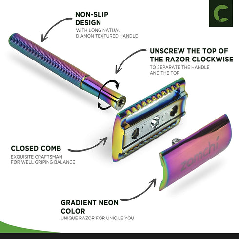 ZOMCHI Double Edge Safety Razor with 5 Blades, Reusable Plastic Free Shaving Razor for Women & Men - Rainbow