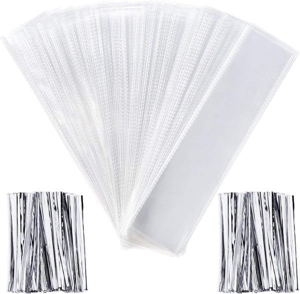 Pangda 200 Pcs Clear Pretzel Bags, 2 x 10 Inches with 200 Twist Ties for Chocolate Candies Cookies