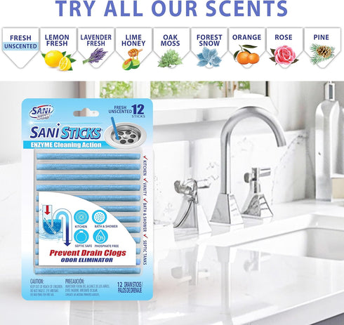 SANI 360° Sani Sticks Drain Cleaner and Deodorizer, 48 Count, Unscented Enzyme Pipe Cleaners, Safe for Sinks