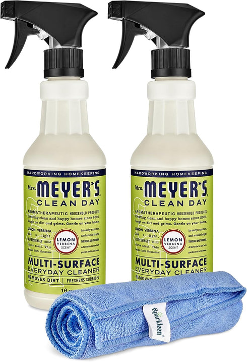 Mrs. Meyers Multi-Surface All Purpose Cleaner Set, 2 Pack Spray and Cloth Bundle for Bathroom, Living Room, 16 oz,