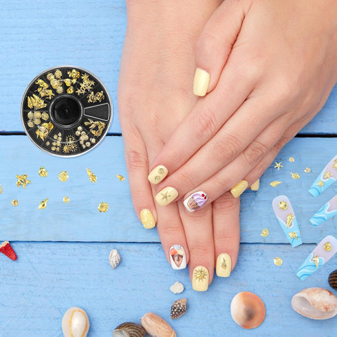 Ocean Theme Nail Art Charms - 3D Alloy Sea Beach Starfish Seashell Nail Gems Decoration Stickers, 12 Styles - Gold